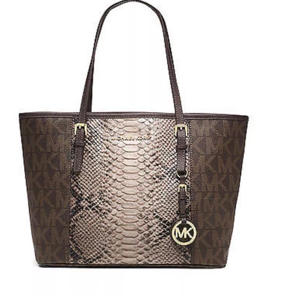 Michael Kors Snakeskin Stripe with MK Logo
Print Canvas Jet Set Travel Tote